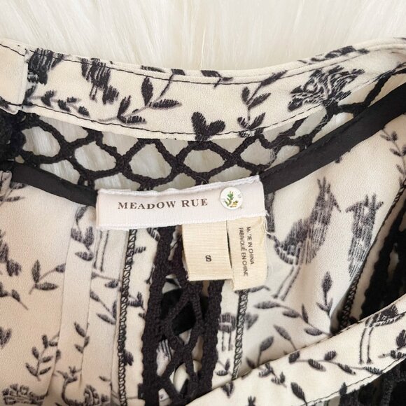 Anthropologie Meadow Rue Cream Black Faison Bird Print Short Sleeve Blouse Top - Picture 6 of 8